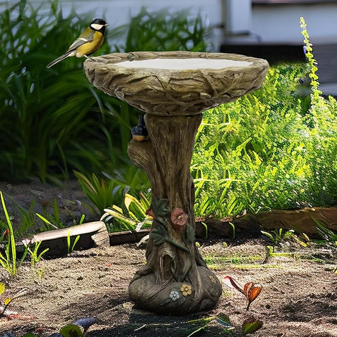 SunJet 25.5 Inch Heigh Wood-Look Concrete Bird Bath with Decorative Faux Bird – birdbath Rustic & Long-Lasting Design, Enhances Garden, Patio, Yard, Lawn Décor