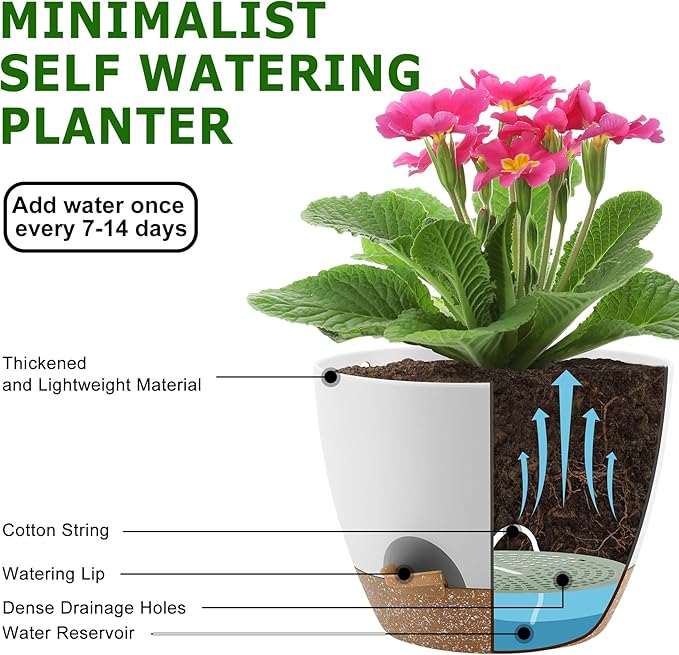Plant Pots 10/9/8 Inch Self Watering Pots, Set of 3 Plastic Planters with Drainage Holes and Saucers,Plastic Flower Pots,Nursery Planting Pot for Indoor Out Door Plants（White）