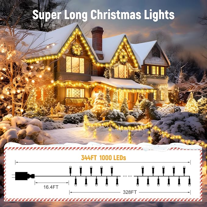 Minetom 328 Ft 1000 LED Christmas Tree Lights Outdoor Indoor String Lights with 8 Modes Waterproof Twinkle Xmas Light with Remote, Plug in Rice Lights for Tree Room Yards Patio Christmas Decorations
