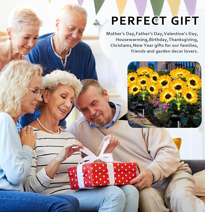 Solar Lights Outdoor Garden Decor,4 Pack with 24 Sunflower Lights,Solar Flowers Lights Waterproof,Sunflowers Gifts for Mom Women Grandma Birthday,Decorative Stakes Lights for Yard Patio Lawn