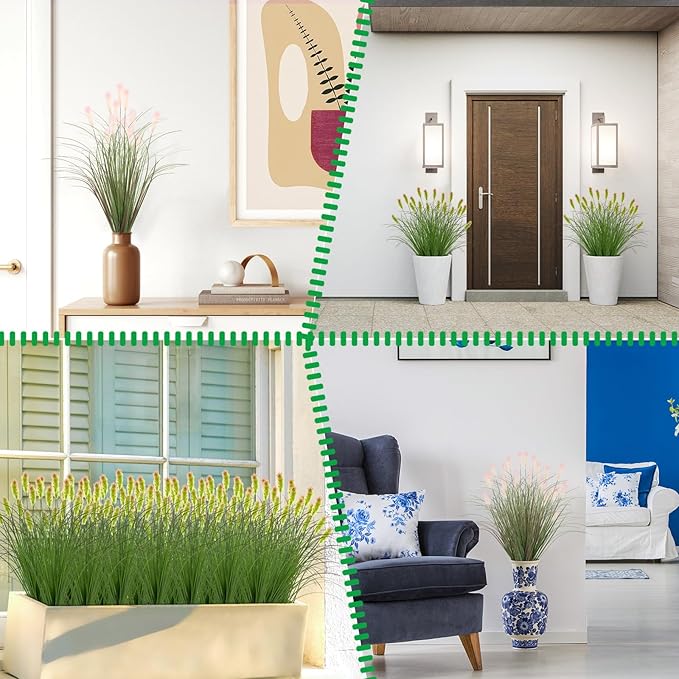 Artificial Grass Plants Outdoor 24 Bunches Fake Onion Grasses with Plush Fake Shrubs Plant Flowers Faux Greenery Wheat Sea Grass for Outside Garden Indoor House Home Office Room Décor (Green & Red）
