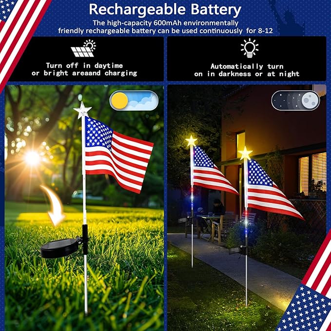 US Flag Solar Garden Lights, 7 Color Changing American Flag Light 4th of July Decorations Outdoor Solar Lights Patriotic Solar Lights for Independence Day Memory Day Garden Yard Pathway - 4 Pack