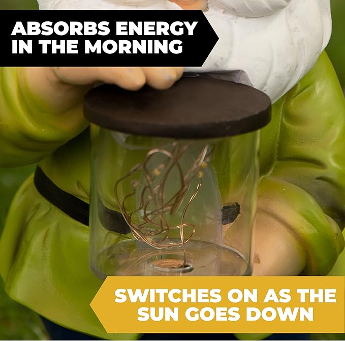 VP Home Jar Garden Gnomes Lawn Gnome with Solar Light Great Addition for Your Garden Solar Powered Knome Gifts for Outside Patio Lawn (Yellow Hat)