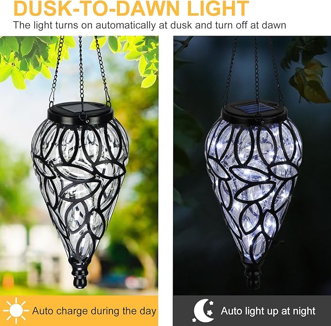 Solar Hanging Lantern Outdoor Lights, Tear-Shaped 15 LEDs Cool White Hanging Lights with S Hooks Decor in Garden, Yard, Pathway, Front Door and Landscape