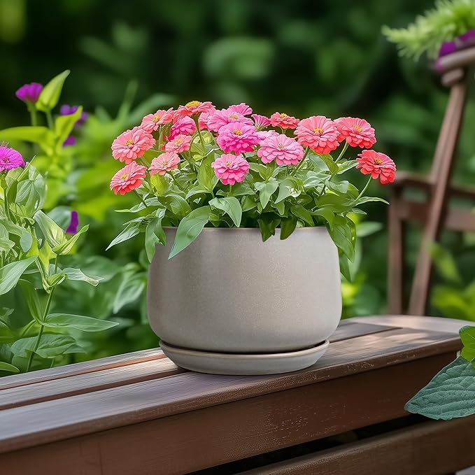 G EPGardening Ceramic Plant Pots - Round 6 Inch Modern Planter with Drainage and Plant Saucer Indoor Outdoor for Flower, Garden Decor, Gifts for Home, Retro Gray