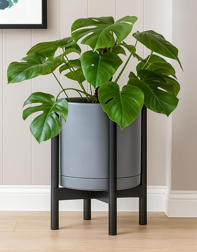 D'vine Dev Ceramic Planter with Ebony Stand - 12 Inch Modern Round Flower Pot with Wood Planter Holder, Grey, 55-B-H-3