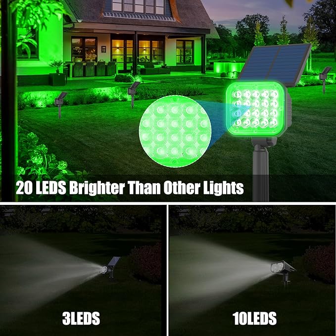Green Solar Spot Lights Outdoor, St. Patrick's Day Decor Spotlight Waterproof IP65, Adjustable Panel Solar Landscape Spotlights for Tree Yard Halloween Christmas Decor 6 Pack