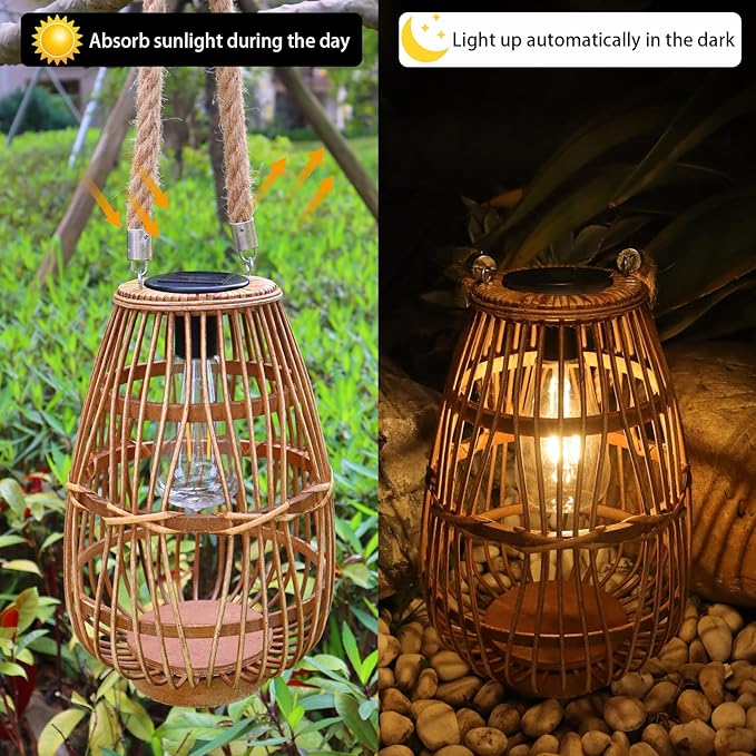 Solar Lantern Outdoor Waterproof Large Rattan Lanterns Decorative Bright Boho Lanterns Lights with Handle Rustic Hanging or Table Lamp for Fence Porch Garden Yard Wedding Decoration