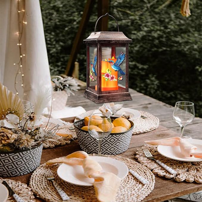 Solar Lanterns, Hummingbird Outdoor Hanging Lanterns, Metal Solar Lights, Gardening Gift for Mom Women Mother's Day, Garden Decor for Outside Porch Table Patio Yard, Grave Decorations for Cemetery