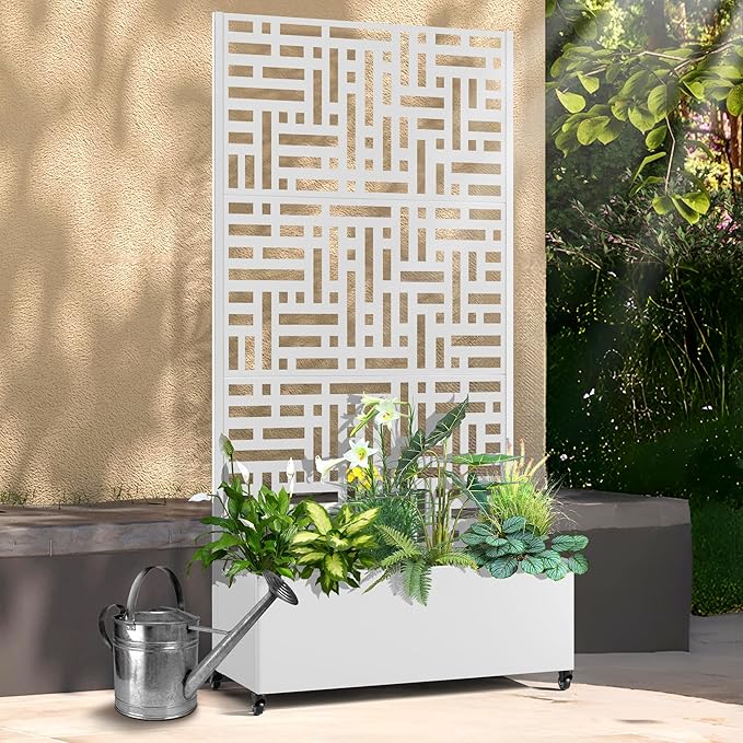 Raised Garden Bed with Trellis and Wheels,73"x35"x16" Metal Raised Garden Bed,White Modern Metal Planter with Climbing Trellis for Vines & Vegetables