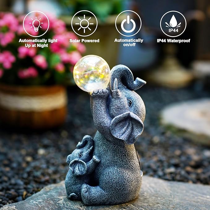 Goodeco Solar Elephant Statue - Outdoor Decor with LED Lights - Grey Resin - Ideal Gift for Elephant Lovers & Garden Enthusiasts