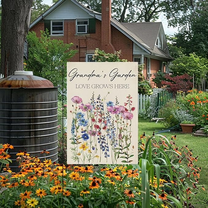 Grandma's Garden Flag Welcome Sign Love Grows Here Flag Gift Flower Decoration Small Double Sided Burlap art Stained Glass Style Garden Flags 12 x 18 Inch for Outside