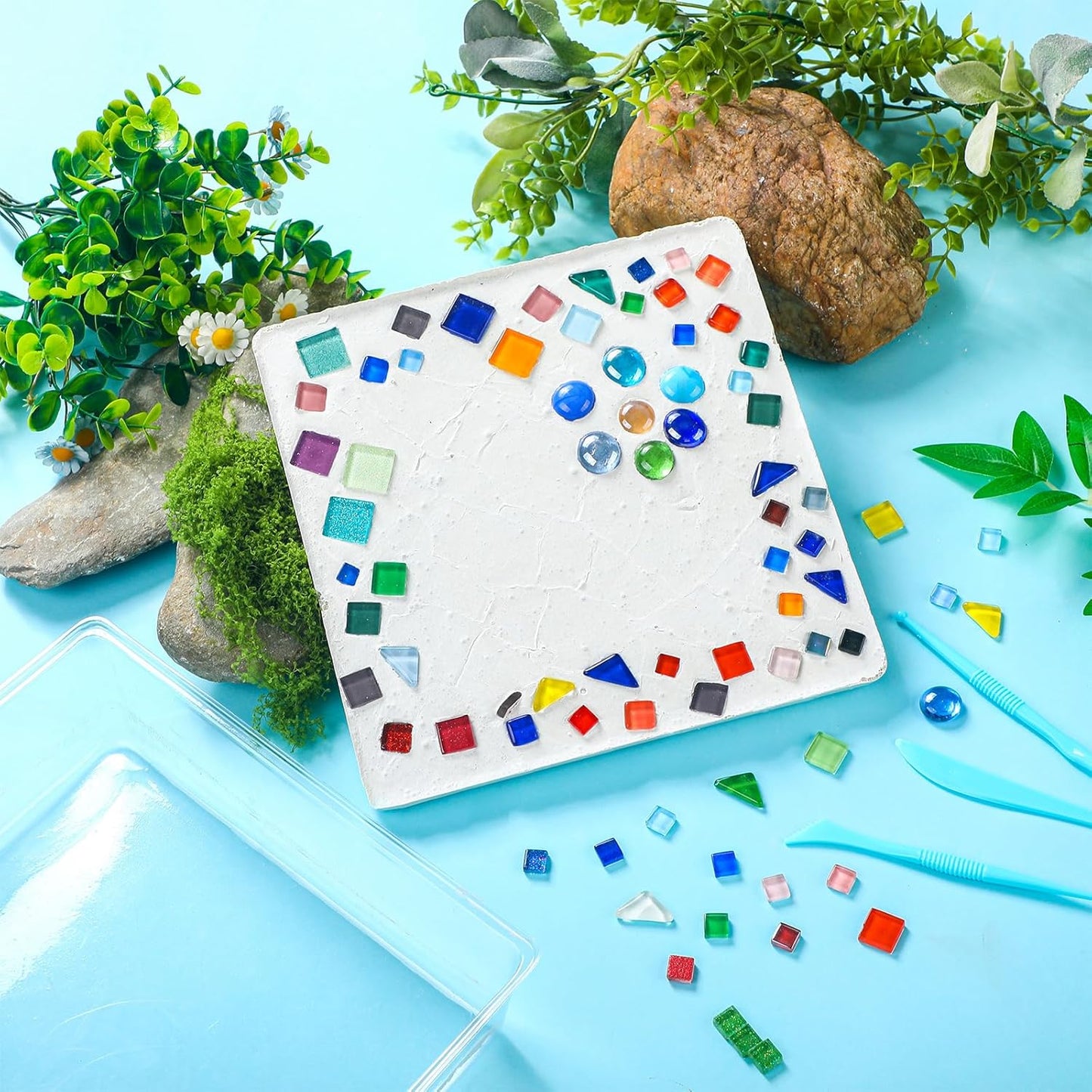 LOYIM 24 Pcs Stepping Stone Kit Includes Concrete Mold, Mosaic Tiles and Carving Tools, DIY Craft Handmade Stepping Stone Kit for Kids, Family, Garden Outdoor Decor, No Concrete Mix (Square,10 Inch)