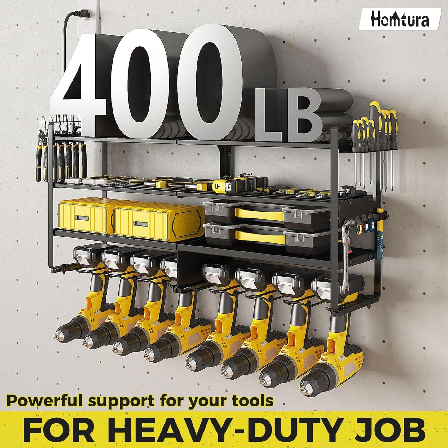 3 Pack Power Tool Organizer Wall Mount with Charging Station, 8 Outlet Power Strip & 4 Layers Storage Rack with 8 Drill Holders for Cordless Tools, Heavy Duty Utility Racks for Garage Workshop