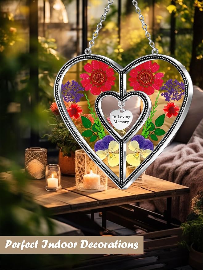 KY&BOSAM Heart Suncatcher In Loving Memory Memorial Gift for Loss of Loved One Unique Sympathy Gift Idea Real Flower Suncatcher Bereavement Grief Gift Box for Loss of Mom Friend Son Daughter Dog Decor