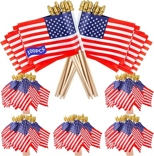 100pcs Small American Flags on Stick, Handheld 8 x 5.5 Inchs Mini American Flags with Kid-Safe Golden Spear Top, US Flags for 4th of July Decorations Outdoor, Independence Day Decorations