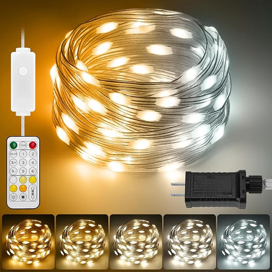 HOUHUI Fairy Lights Plug in,50Ft Warm to Cool White Indoor Outdoor String Light with Remote,8 Modes 2700K-6500K Dimmable White Fairy Twinkle Lights IP67 Waterproof for Christmas Bedroom Party Decor