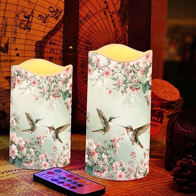 Ystardream Floral Hummingbird Flameless LED Candles Electric Candle Set with Remote Timer Color Changing Control Long Lasting for Table Centerpiece Home Indoor Decoration Pack of 4 Set
