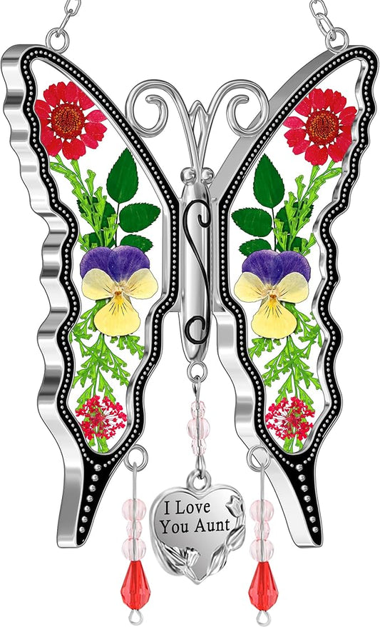 KY&BOSAM Butterfly Suncatcher I Love You Aunt Stained Glass Hanign for Window Catchers with Pressed Real Flower and Heart Charm Home Garden Decor Birthday Gifts for Aunt Mothers Day Christams Ornament