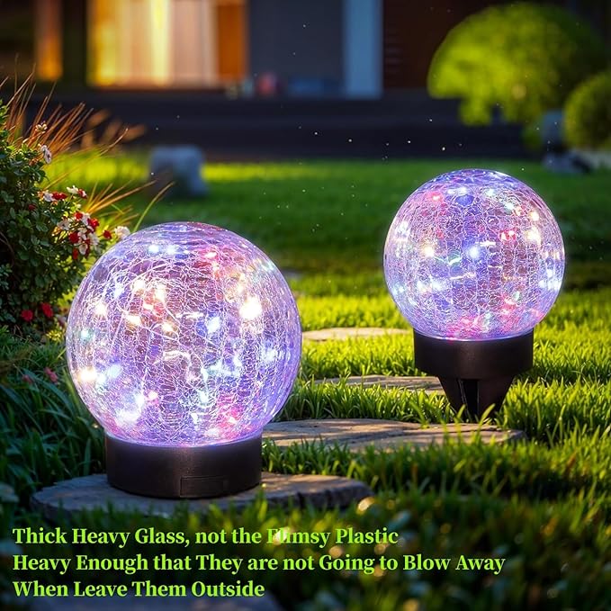 Beautyard Solar Globe Lights Outdoor Large Garden Decor USB Charged 4.72" Diameter 40LED 1000mAh Solar Cracked Glass Globe Lights for Outdoor Indoor Decor (4.72'' Large 2 Pack Colorful)