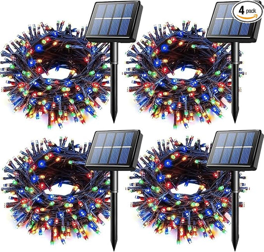 4-Pack Solar Christmas String Lights Outdoor Multicolor - 100LED 33FT String Lights Solar Powered with 8 Modes, Waterproof Patio Lights, Solar Lights for Outside Tree Balcony Gazebo Party