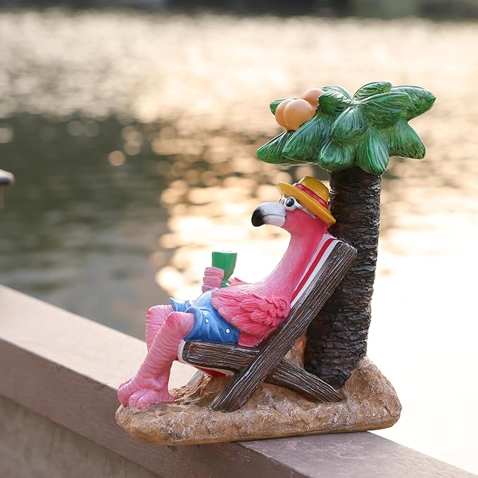 Pink Flamingos for Yard-Solar Statues Outdoor Garden Gifts - Flamingos on Beach Vacation Light up Coconut Tree for Outdoor Lawn Yard Decor