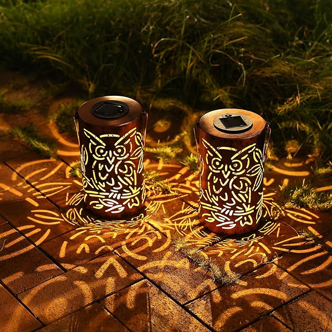 Outdoor Solar Lanterns ,Owls Projection Patterned Outdoor Lanterns with Handles LED Solar Light Outdoor Waterproof Garden Lights for Garden，Yard, Table, Pathway(2 /Bronze)