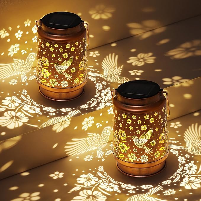 Hummingbird Solar Lanterns Outdoor Waterproof Garden Decor Birthday Gifts for Women Mom Grandma Hanging Solar Lights Metal Lantern Decoration Outside for Porch,Patio,Yard,Backyard