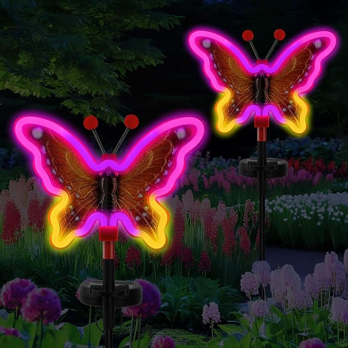 Solar Garden Butterfly Lights, Garden Outdoor Lights Decor, Butterfly Solar neon Light,led Butterfly Lights,Yard Patio Pathway Decoration(Red, 2pack)