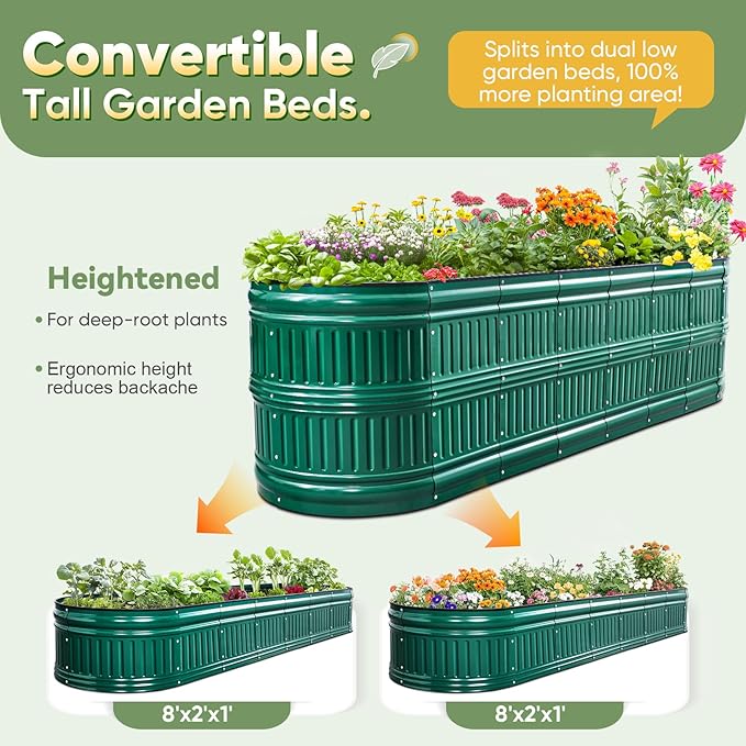 KING BIRD Raised Garden Bed Kit 2025 Upgraded Modular DIY Galvanized Planter Garden Box Outdoor for Gardening, Vegetables, Flowers, Elegant Roman Column Design, 94x24x24 in, Dark Green