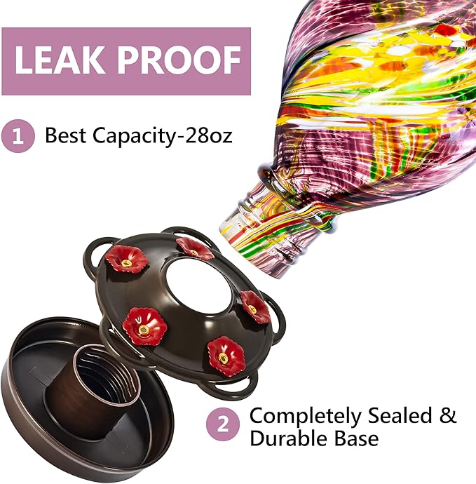 LUJII Ice Cream Shaped Spiral Hummingbird Feeder for Outdoors Hanging, Hand Blown Glass, 28 fl.oz, Leak Proof & Rustproof, Includes an Ant Moat with Hook, Unique & Stylish Glass Art & Decor (Purple)