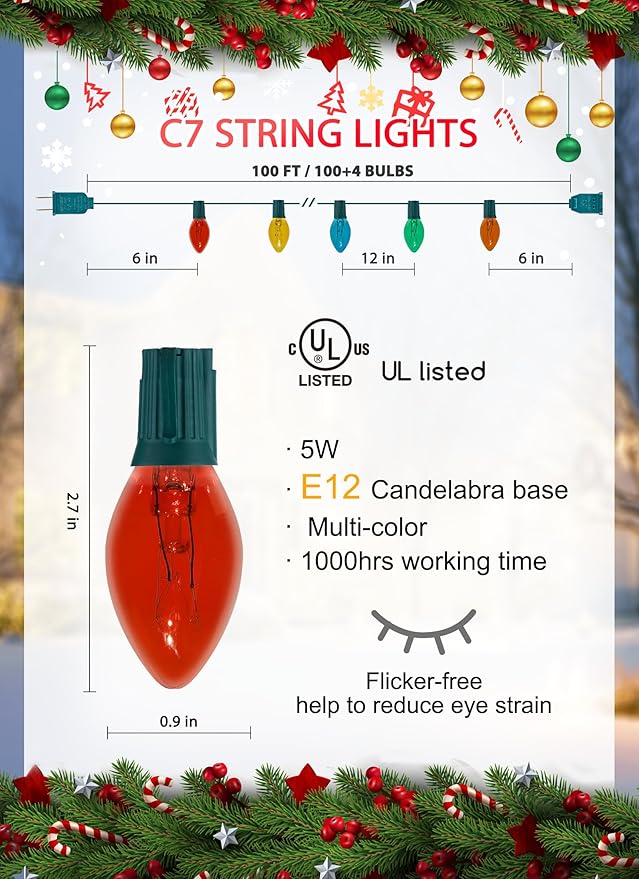 C7 Multicolor Christmas String Lights - 100ft Vintage Christmas Tree Lights, Outdoor Roofline String Lights with 100+4 Spare Bulbs for Patio Garden Holiday Indoor Home Xmas Decoration, Green Wire