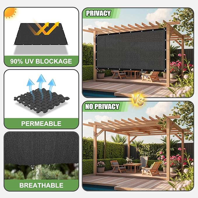 90% Outdoor Sun Shade Cloth, 12'×20' Pergola Shade Cover with Grommets, Privacy Screen Sunshades for Patio Garden Backyard Plant, Dark Grey