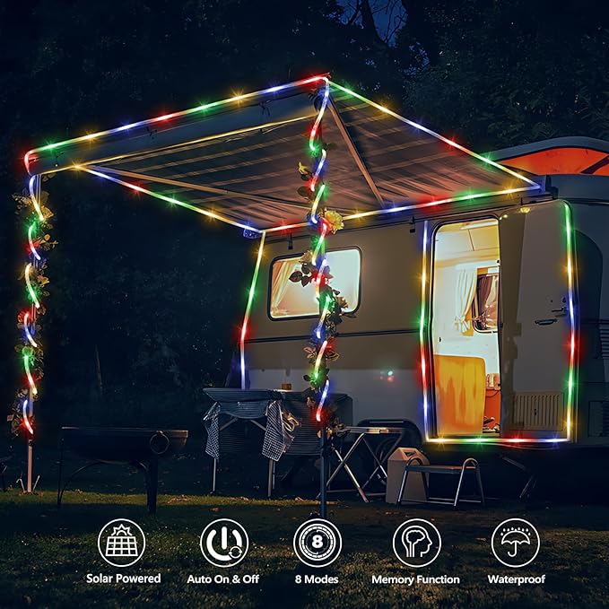 Solar Rope Lights, 66ft 200LED Solar String Lights, 8 Modes Waterproof Solar Powered Outdoor Light, Flexible Clear Tube Light for Garden, Backyard, Patio, Deck, Porch, Pool, Tree Decor - Multicolor