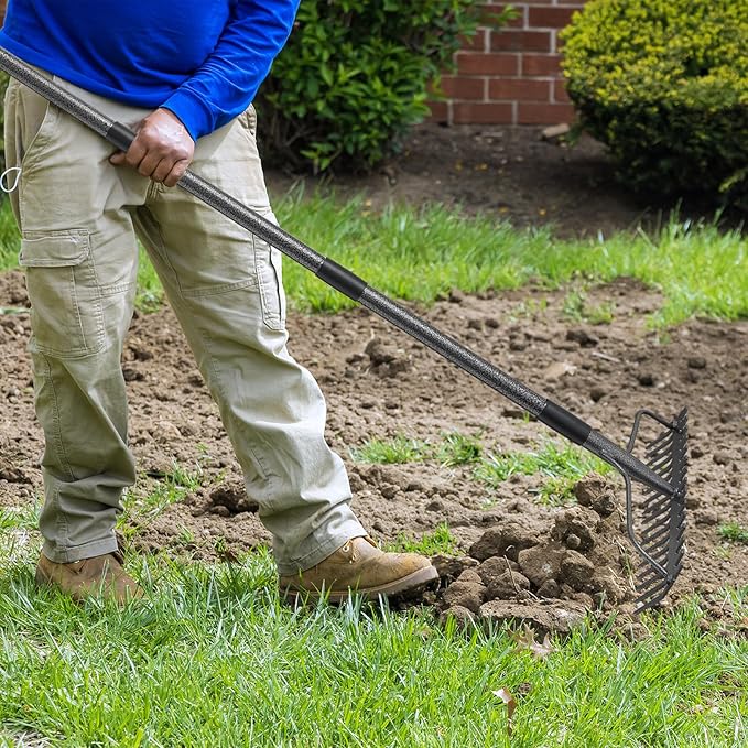 49'' Bow Rake ，17 Tines Metal Head Rakes with Stainless Steel Handle，Heavy Duty Garden Rake for Loosening Soil Gathering Leaf Leveling Lawn Farming Land Management Yarn Thatch Rake