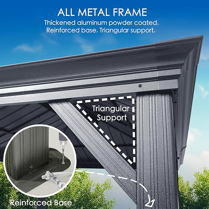 Kozyard Alexander 10' X 12' Hardtop, Aluminum Metal Gazebo with Galvanized Steel Double Roof Canopy, Curtain and Netting, Permanent Pavilion for Patio, Backyard, Deck, Lawn (Gray)