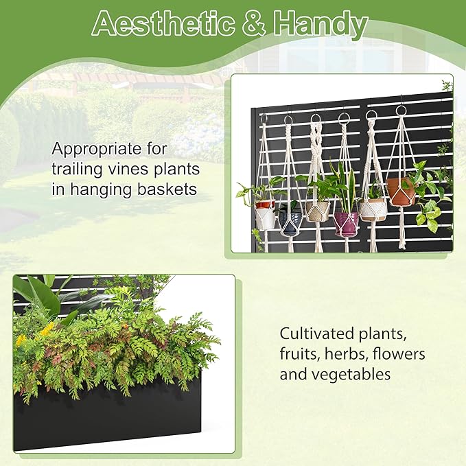 Trellis for Climbing Plants Outdoor，Mental Garden Bed with Drainage Holes Outdoor Privacy Screen Design Tall planters for herb Flower Vegetables 73"x47"x16", Black-Louvered