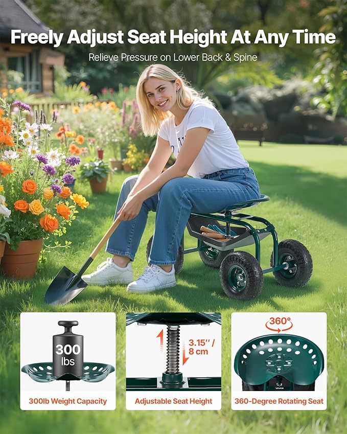 VEVOR Rolling Garden Cart with Swivel Seat, Heavy Duty Garden Seat with Storage Basket & Tool Tray, 300 lbs Weight Capacity, Outdoor Utility Gardening Stool Scooter for Lawn Yard Planting Weeding