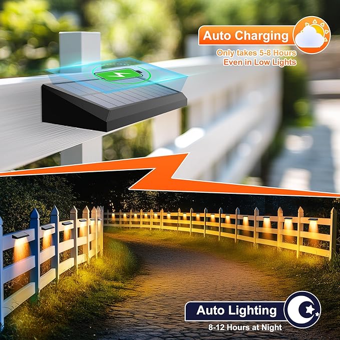 Solar Fence Lights Outdoor Waterproof IP65, 12 Pack Fence Lights Solar Powered 60 Lumens Auto On/Off Step Wall Lights Outside Decorations for Yard, Porch, Patio, Stairs, Pool, Deck, Garden- Warm Light