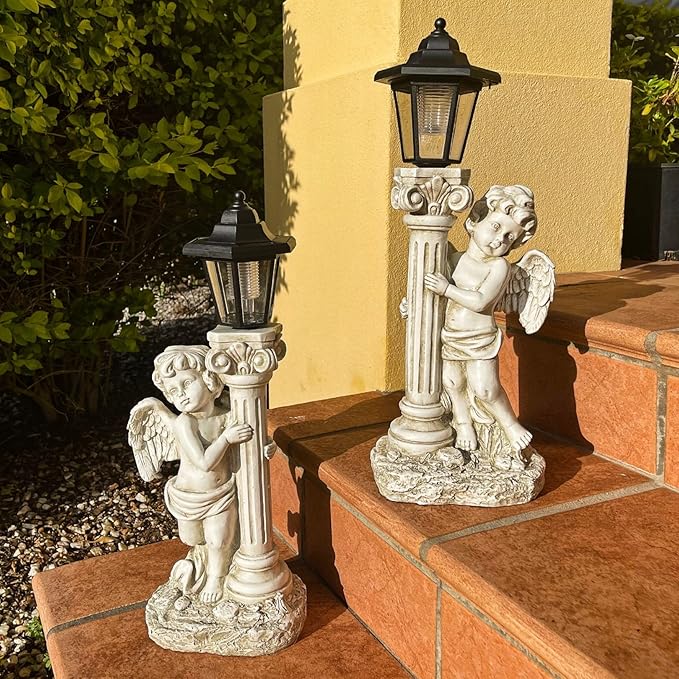 Angel Statue with Solar Lights (Left) 19.7 Inch, Outdoor Solar Angel Garden Statue with Roma Pillar for Garden Lawn Deocr, Christian Religious Gift