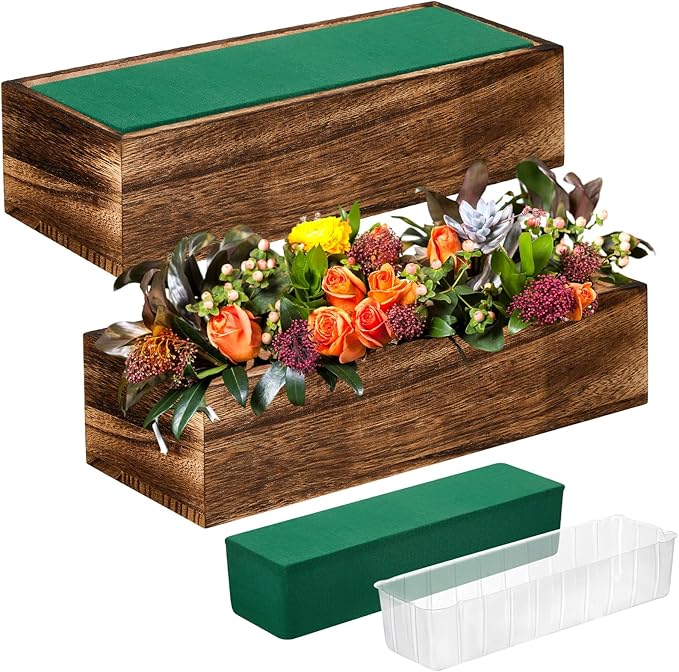 Dandat 4 Set Wood Boxes for Centerpieces Rectangle Wooden Planter Box Rustic Wood Planter with Removable Plastic Liner Floral Foam Blocks for Centerpieces Home Wedding Garden Decor (12x4 Inch)