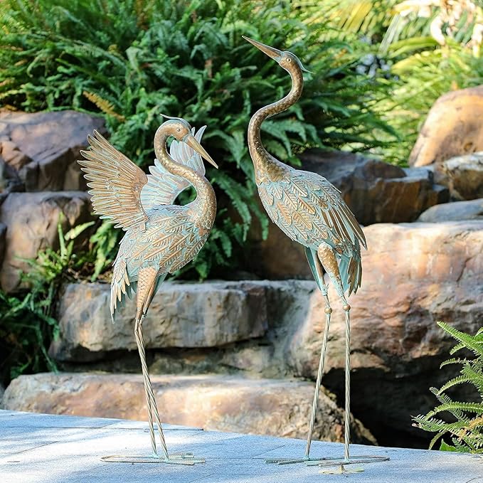 TERESA'S COLLECTIONS Yard Decorations Outdoor Garden Statues, Gold Metal Crane Yard Art, 33-39inch Lawn Ornaments for Backyard, Outside Porch, Patio, Wedding Decor, Set of 2, Christmas Decor