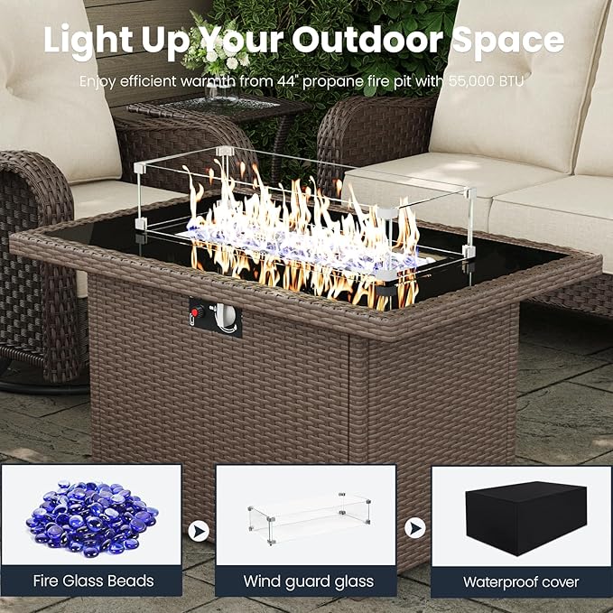 8 Pieces Outdoor Patio Furniture Sets with Rocking Swivel Chairs with 6-inch Thick Cushion and Fire Pit Table for Deck Lawn