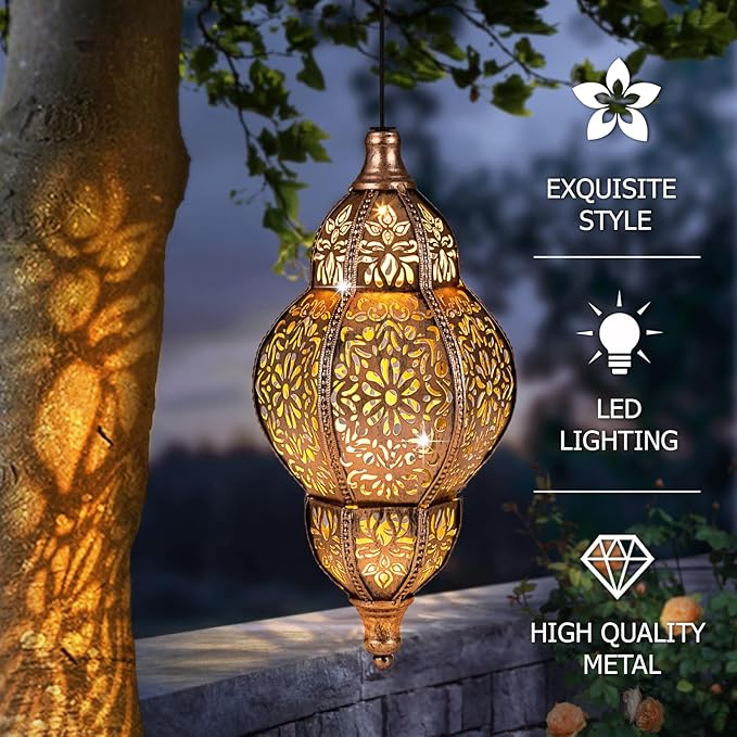 Solar Lanterns Outdoor Waterproof, Hanging Solar Lantern Garden Decor, Metal Moroccan Decorative Solar Garden Lights for Yard, Patio, Lawn, Porch, Unique Housewarming Gifts, Copper