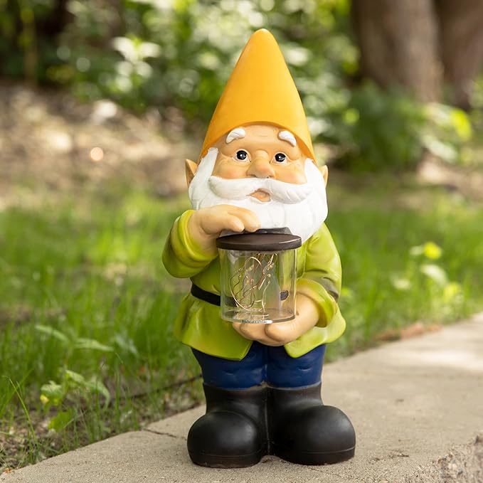 VP Home Jar Garden Gnomes Lawn Gnome with Solar Light Great Addition for Your Garden Solar Powered Knome Gifts for Outside Patio Lawn (Yellow Hat)