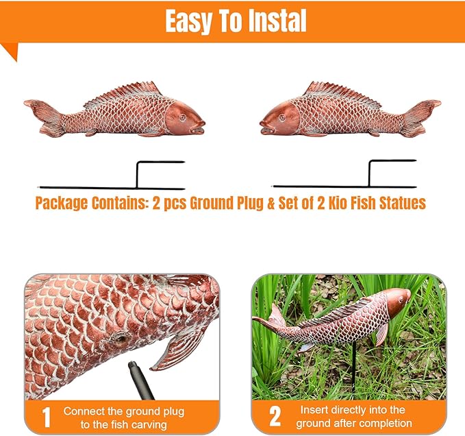 Koi Fish Decor Garden Sculptures & Statues, Outdoor Antique Copper Fish Statues Pond Zen Garden Decor Patio Backyard Lawn Porch Yard Art Decoration, Best Gift for Mother's Day, Set of 2, Large