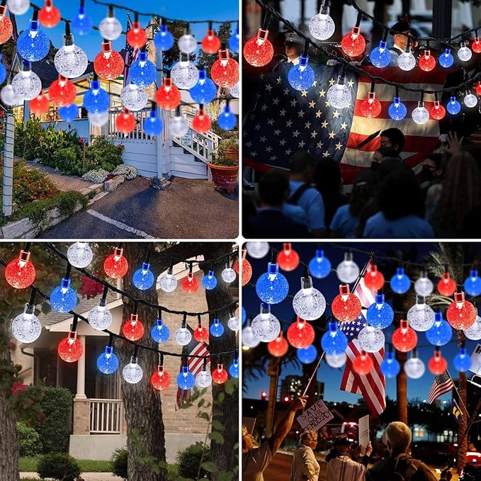 LORRYTE 2-Pack Red White and Blue Crystal Globe Solar String Lights Outdoor, 64FT 100 LED Waterproof Patriotic Lights 8 Lighting Modes for Memory Day Independence Day 4th of July Christmas