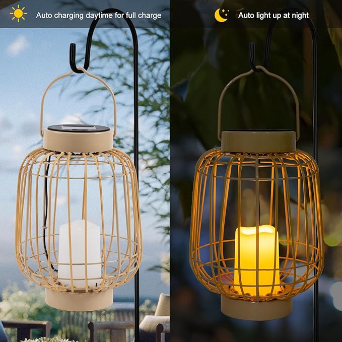 Solar Lanterns,Outdoor Solar Rattan Lanterns with Flameless Candles,Hanging with Handle Solar Lamp Decorative for Porch Garden Patio Pathway Deck Yard