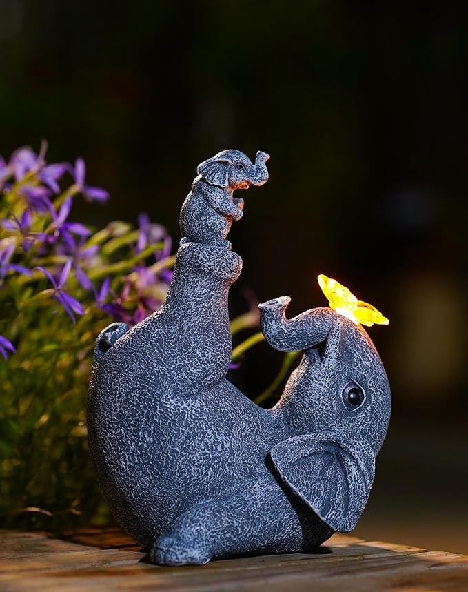 Mommy & Baby Elephant Garden Statue with Solar Butterfly Lights - Perfect Elephant Decor & Ornament for Women, Housewarming Gifts and as Garden Decorations