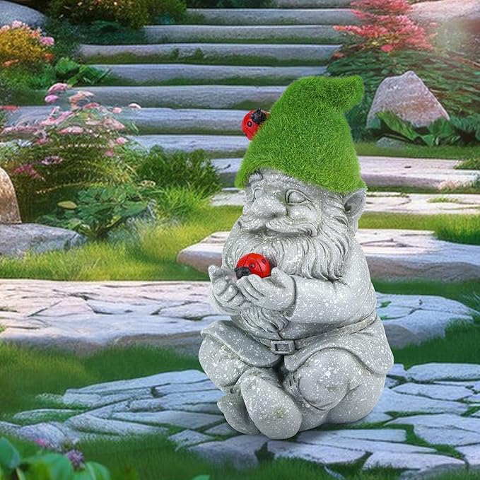 Solar Gnomes Garden Statues, Outdoor Lighted Gnome with Ladybugs Garden Decor Waterproof Figurines for Patio Porch Balcony Yard Lawn Lantern, Yard Art Decorations Gifts for Garden Patio Lawn